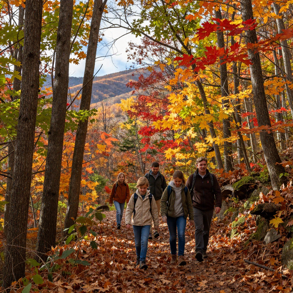 A group of people hike along a path through a forest during autumn, surrounded by vibrant red and yellow foliage.