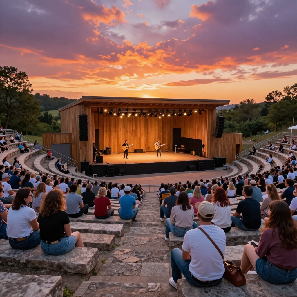 Two musicians perform on an outdoor stage at sunset in front of a seated audience in a stone amphitheater.