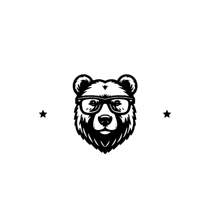 Black and white graphic of a bear head wearing glasses, flanked by a star on each side.