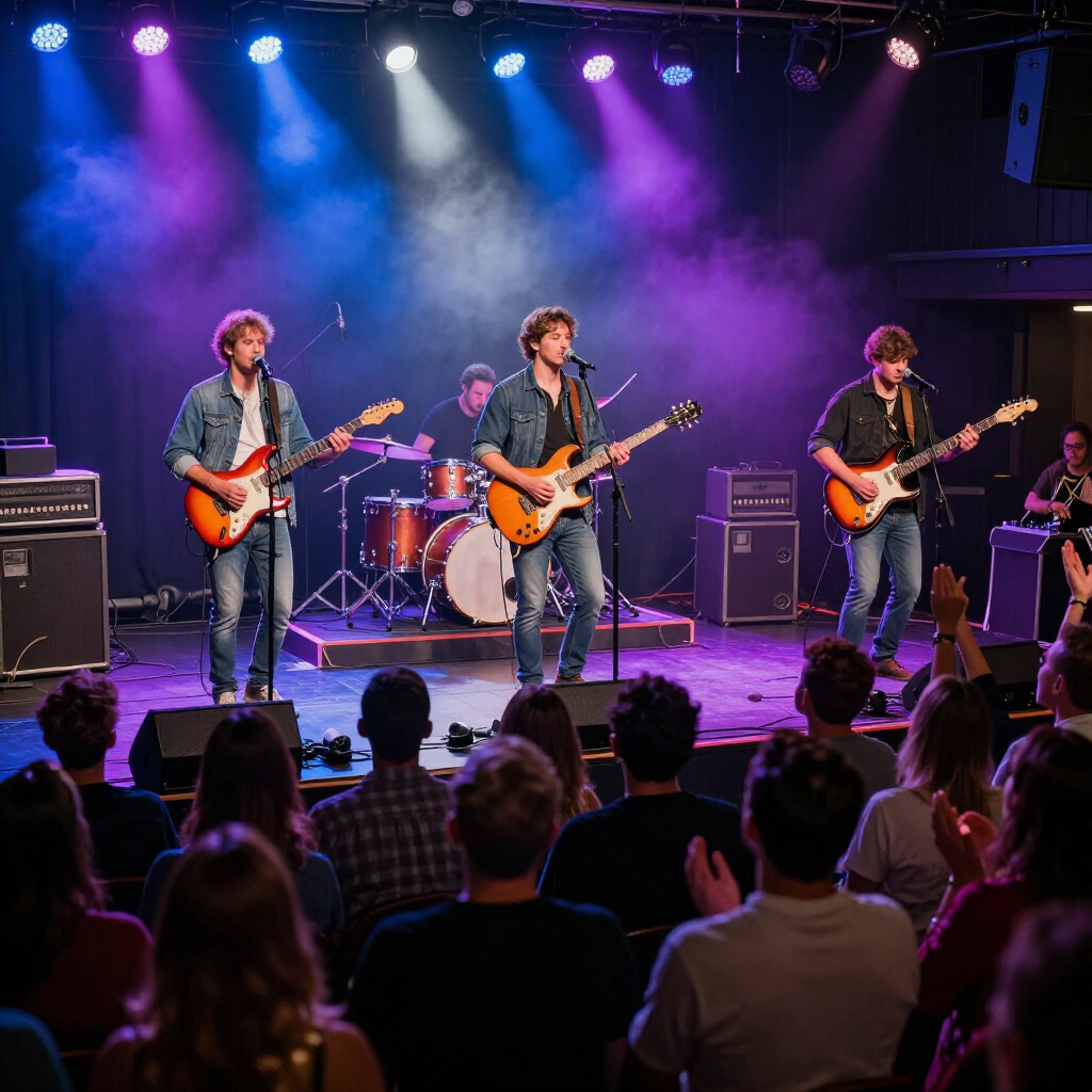 A band performs on a brightly lit stage with blue and purple spotlights as an audience watches from the dark venue.