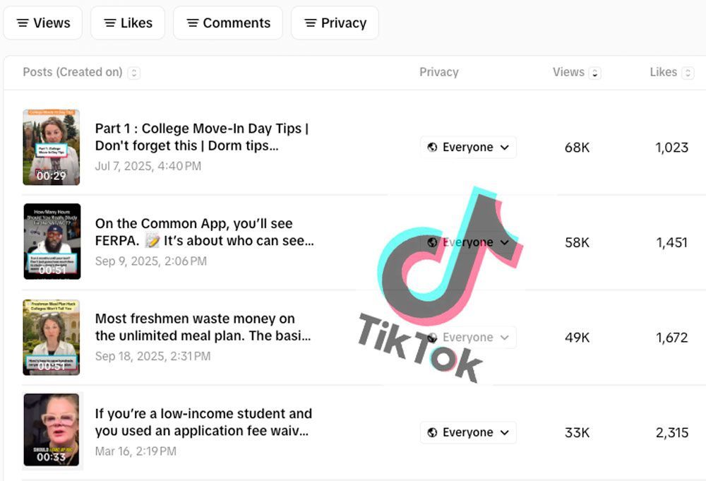 TikTok analytics showing recent CounselMore live show replay clips with 33K–68K views each