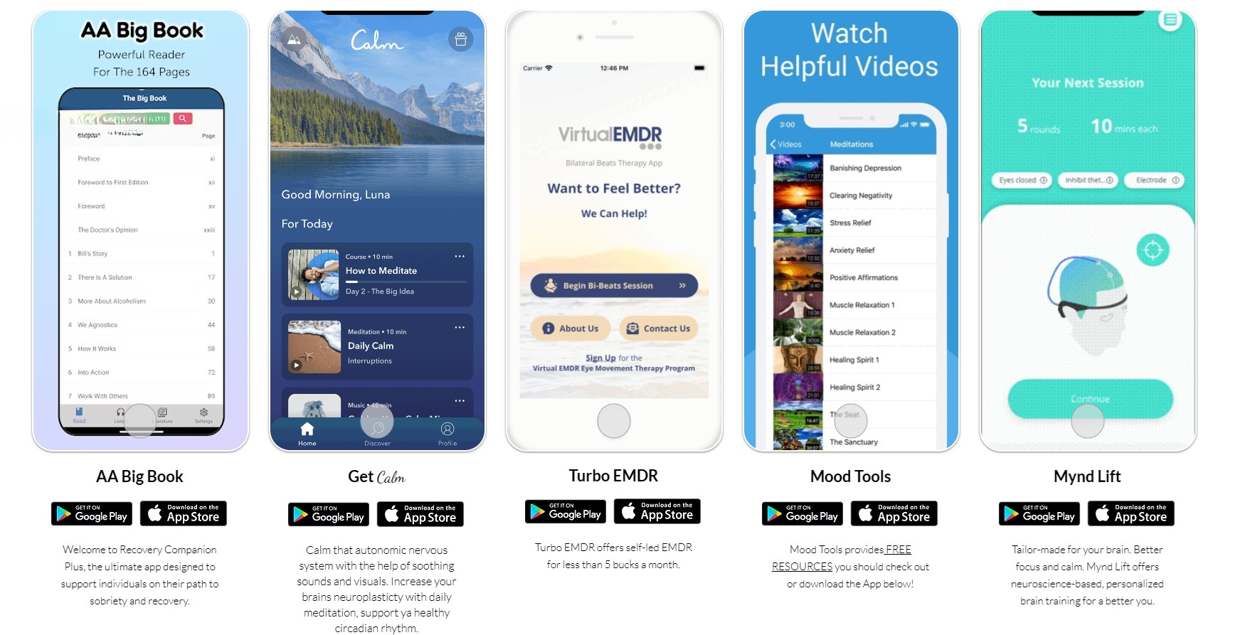 Five app interface mockups showing login, travel, video, and chat screens in blue and white