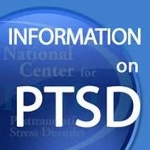 Blue graphic reading “INFORMATION on PTSD” with faint National Center for PTSD text in the background
