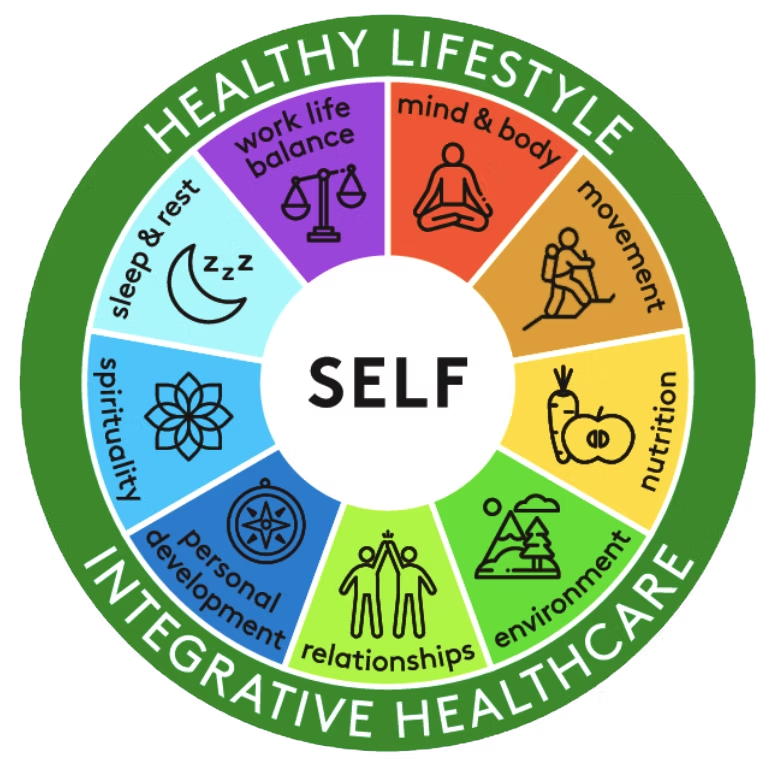 Circular wellness diagram labeled “SELF” with colored sections for lifestyle, body, relationships, environment, and nutrition.