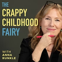 Podcast cover for “The Crappy Childhood Fairy” with a smiling woman holding a pink pen