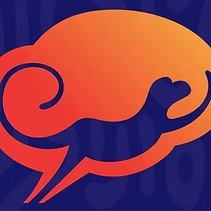 Orange and blue kangaroo logo with a curled tail on a dark blue background
