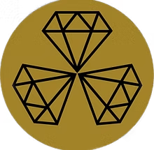 Gold circle with three black geometric diamond shapes arranged like a clover