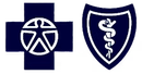 Blue medical cross and shield logos, one with a caduceus symbol
