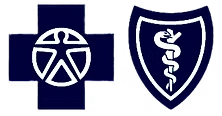 Blue medical cross and shield logos, one with a caduceus symbol