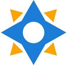 Blue geometric star with a white center circle, surrounded by four small orange triangles on a white background