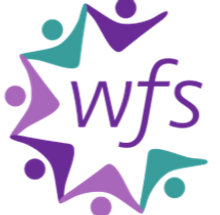 Purple and teal WFS logo with stylized people forming a circle
