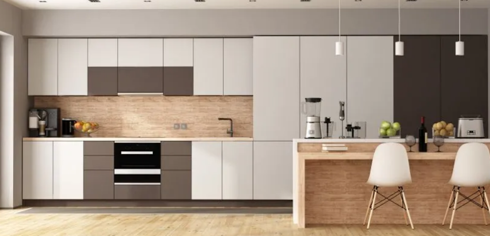 Modern white and wood kitchen with island, bar stools, built-in oven, and brick backsplash