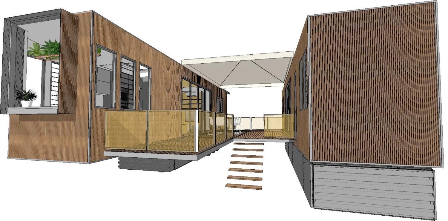 Modern wooden building design with a central walkway and steps, shown in an architectural rendering