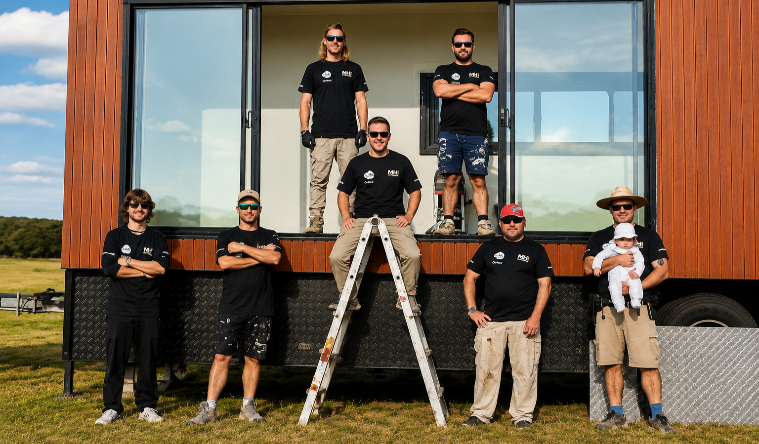 Seven people in black shirts posing in front of an orange trailer, one standing on a ladder.
