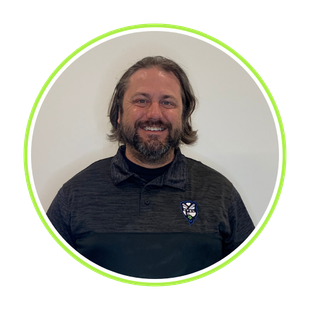 Smiling person in a dark shirt inside a green-outlined circular frame
