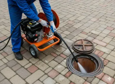 Person in blue overalls cleaning a sewer, using a high-pressure water jet system on brick paving.