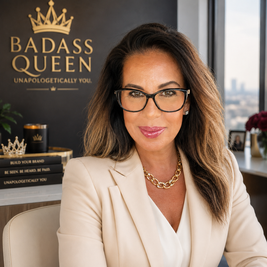 Woman in glasses and beige blazer seated in an office, with a “Badass Queen” poster behind her.
