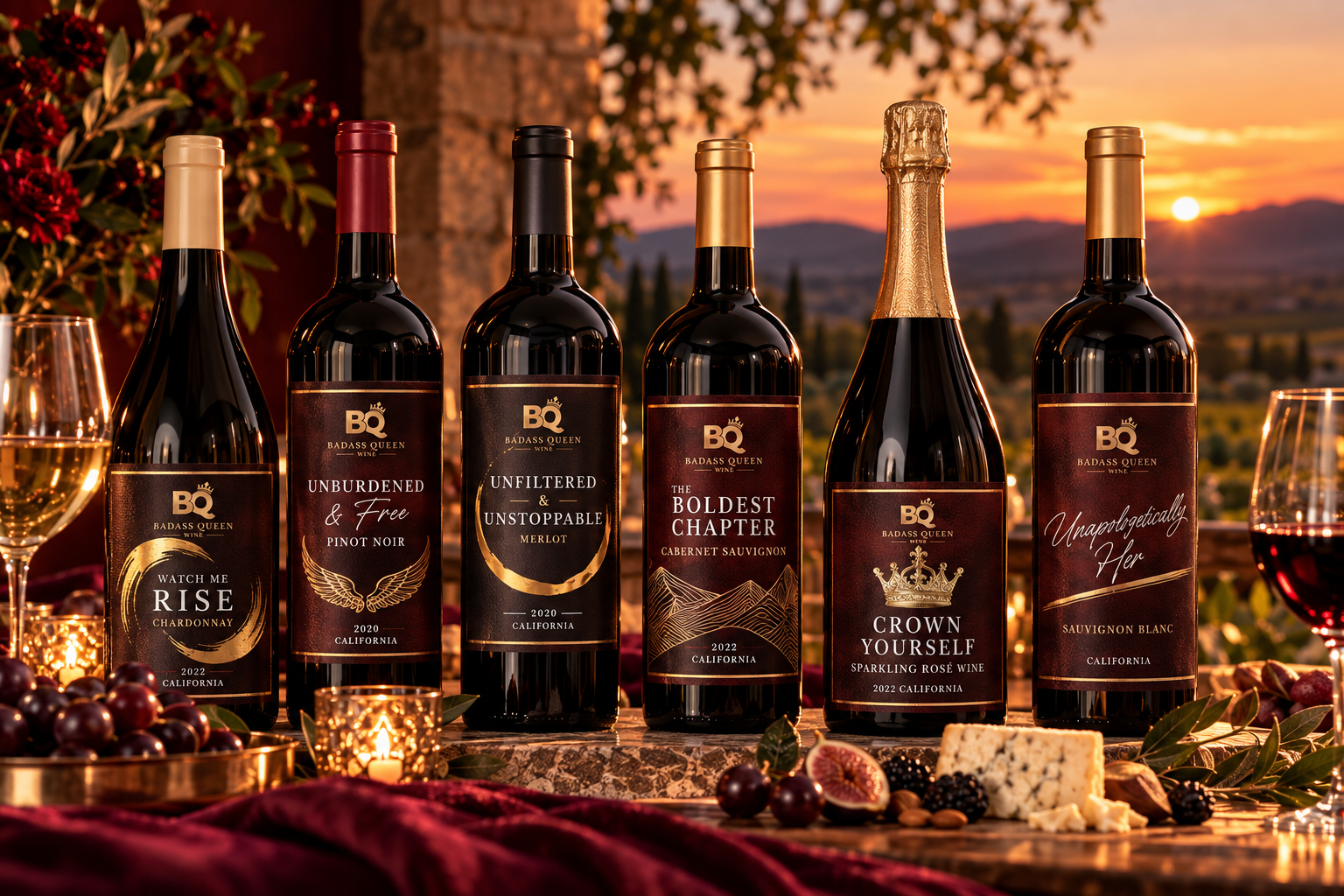 Assorted wine bottles displayed on a festive table at sunset with grapes and cheese
