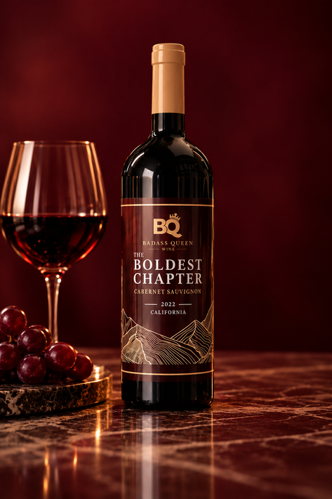 Bottle of Boldest Chapter red wine beside a glass and grapes on a dark maroon table