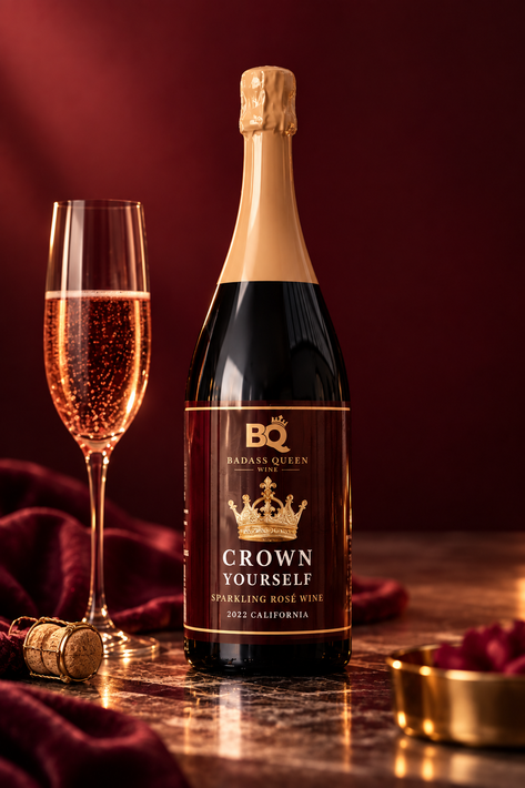 Champagne bottle and filled flute on a warm red table with scattered petals and soft glowing lights