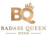 Gold “BQ” logo with crown above “Badass Queen Wine” text