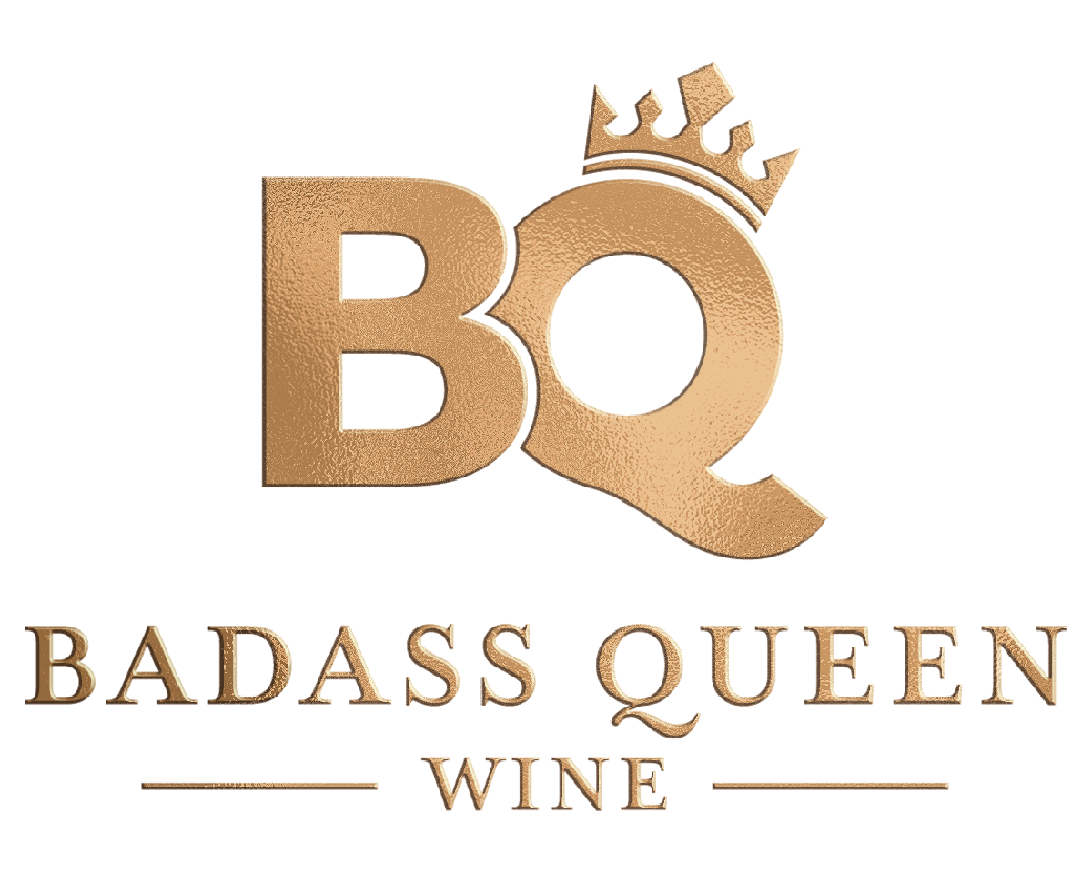 Gold “BQ” logo with crown above “Badass Queen Wine” text