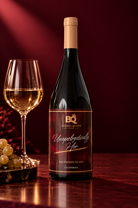 A wine bottle beside a filled glass and grapes on a dark red table, with a burgundy background.