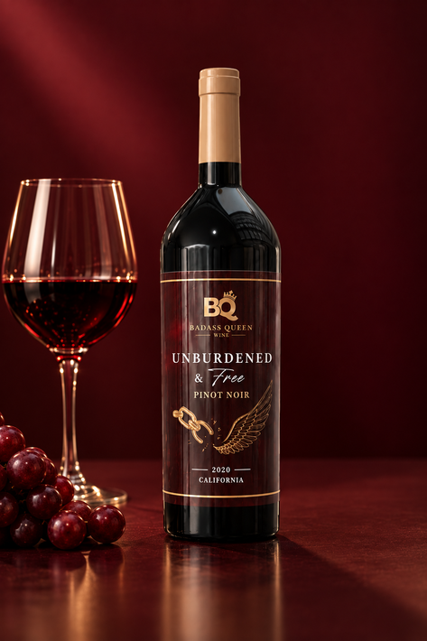 Bottle of red wine beside a filled wine glass and grapes on a dark red backdrop