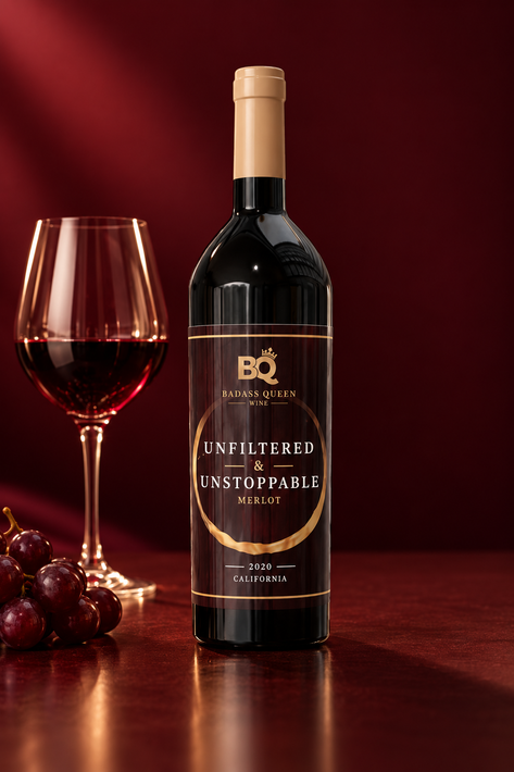 Red wine bottle and filled wine glass on a dark red table against a burgundy backdrop