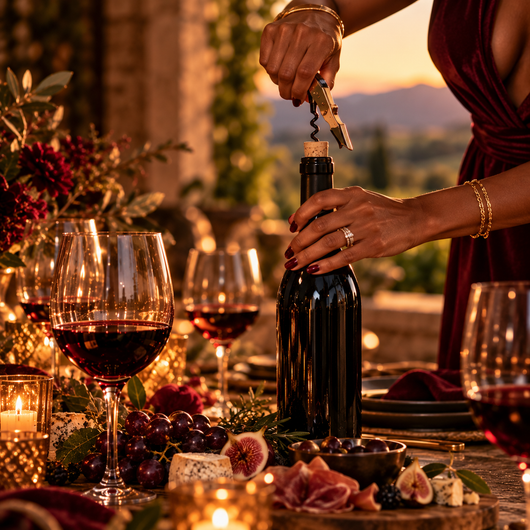 Hands opening a wine bottle at a candlelit dinner table with wine glasses, grapes, and sunset light