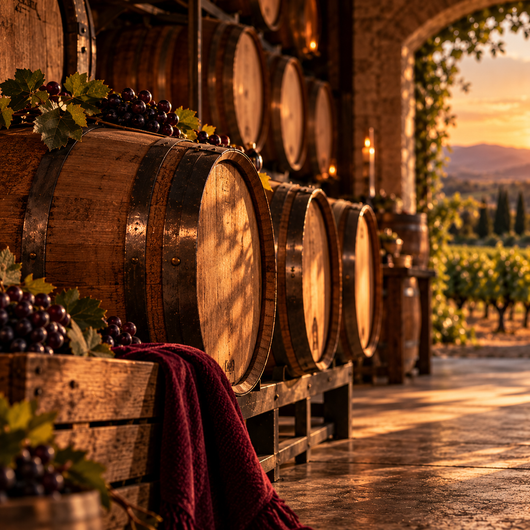 Wine barrels in a rustic cellar overlooking a vineyard at sunset