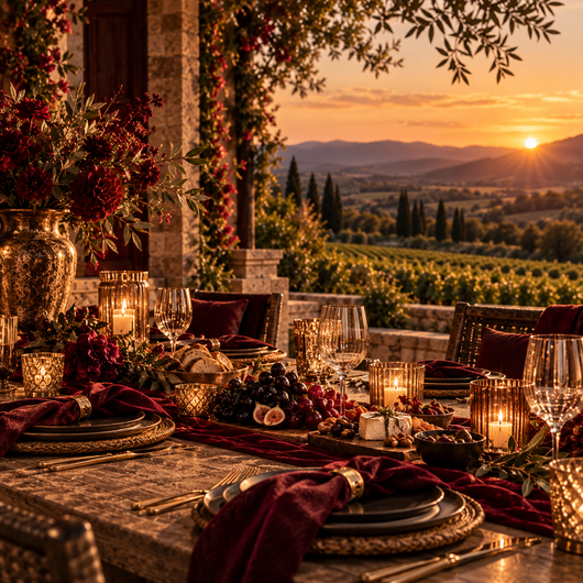 Romantic outdoor table setting at sunset overlooking vineyards and hills, with candles and burgundy accents