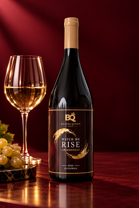 Wine bottle and glass on a burgundy table with grapes, lit by warm studio lighting.