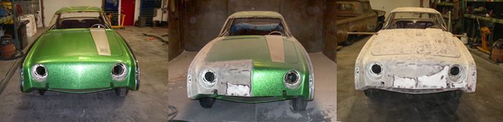 Three green cars are sitting next to each other in a garage.
