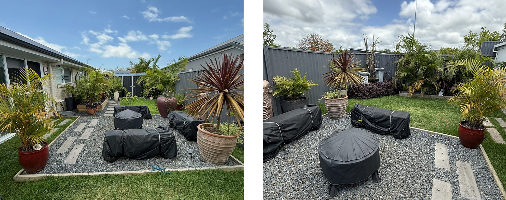 Modern Gravel Garden with Black Outdoor Chairs, Potted Plants — New Vision Pools in Port Macquarie, NSW