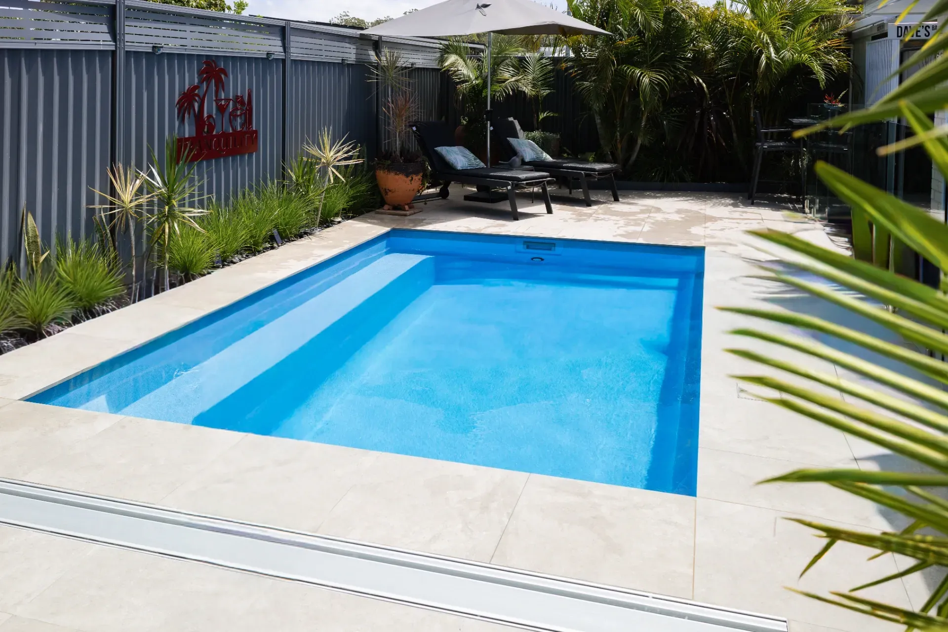 Backyard Pool with Blue Water, White Deck, Lounge Chairs, and Palm Plants  — New Vision Pools in Wauchope, NSW