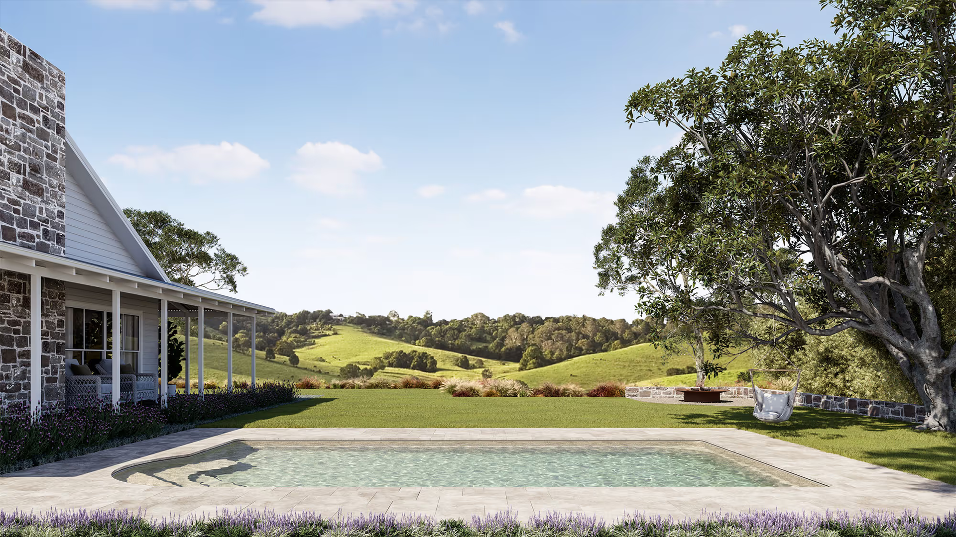Garden View with Stone Patio and A House on The Left — New Vision Pools in Port Macquarie, NSW