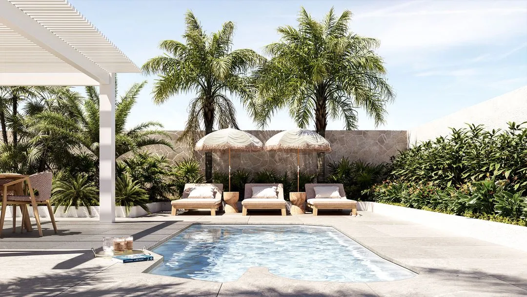Modern Poolside Patio with Lounge Chairs and A Thatched Cabana by A White House — New Vision Pools in Port Macquarie, NSW