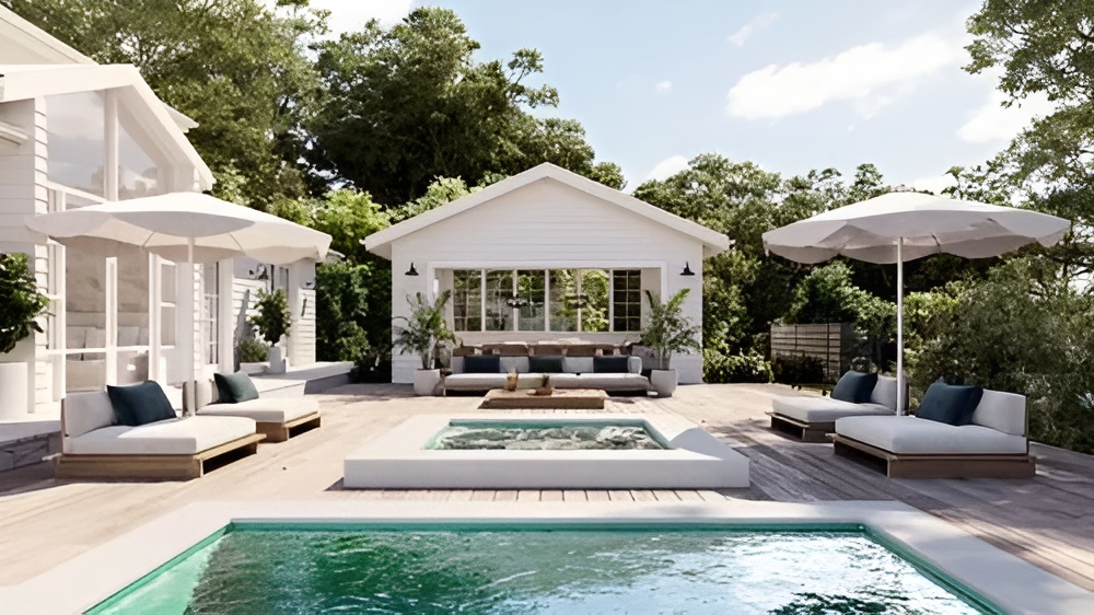 Modern White Patio with Pool and A Small House Surrounded by Trees — New Vision Pools in Port Macquarie, NSW