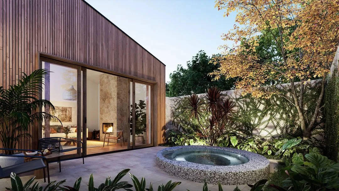 Modern House Patio with Large Glass Doors and Circular Spa Pool — New Vision Pools in Port Macquarie, NSW