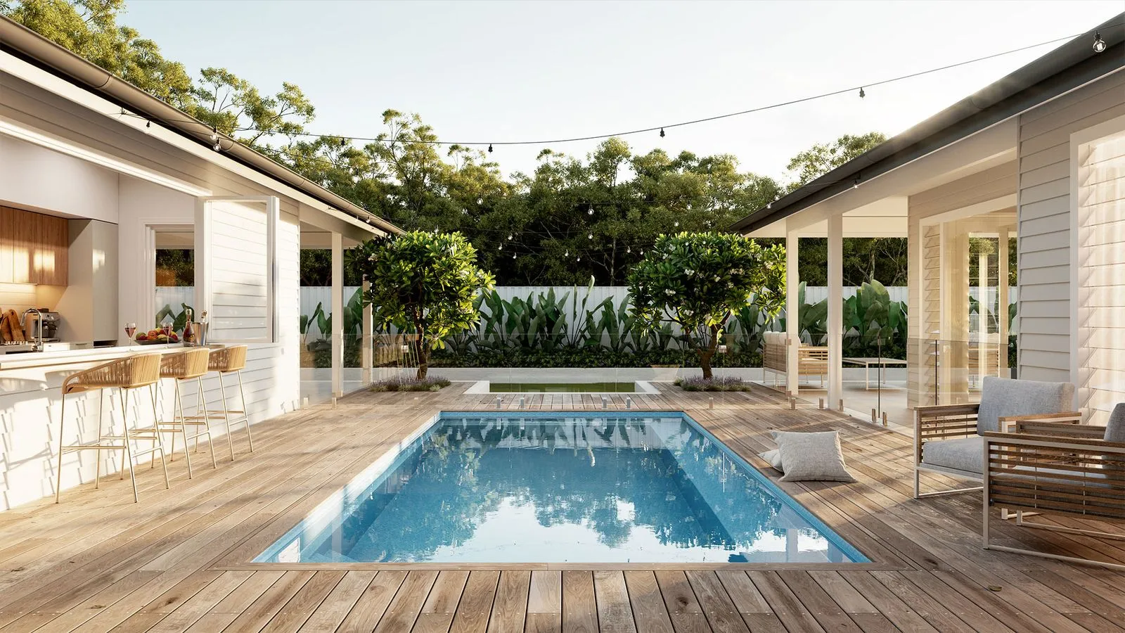 Modern Patio with A Blue Swimming Pool Between Two White Houses — New Vision Pools in Port Macquarie, NSW