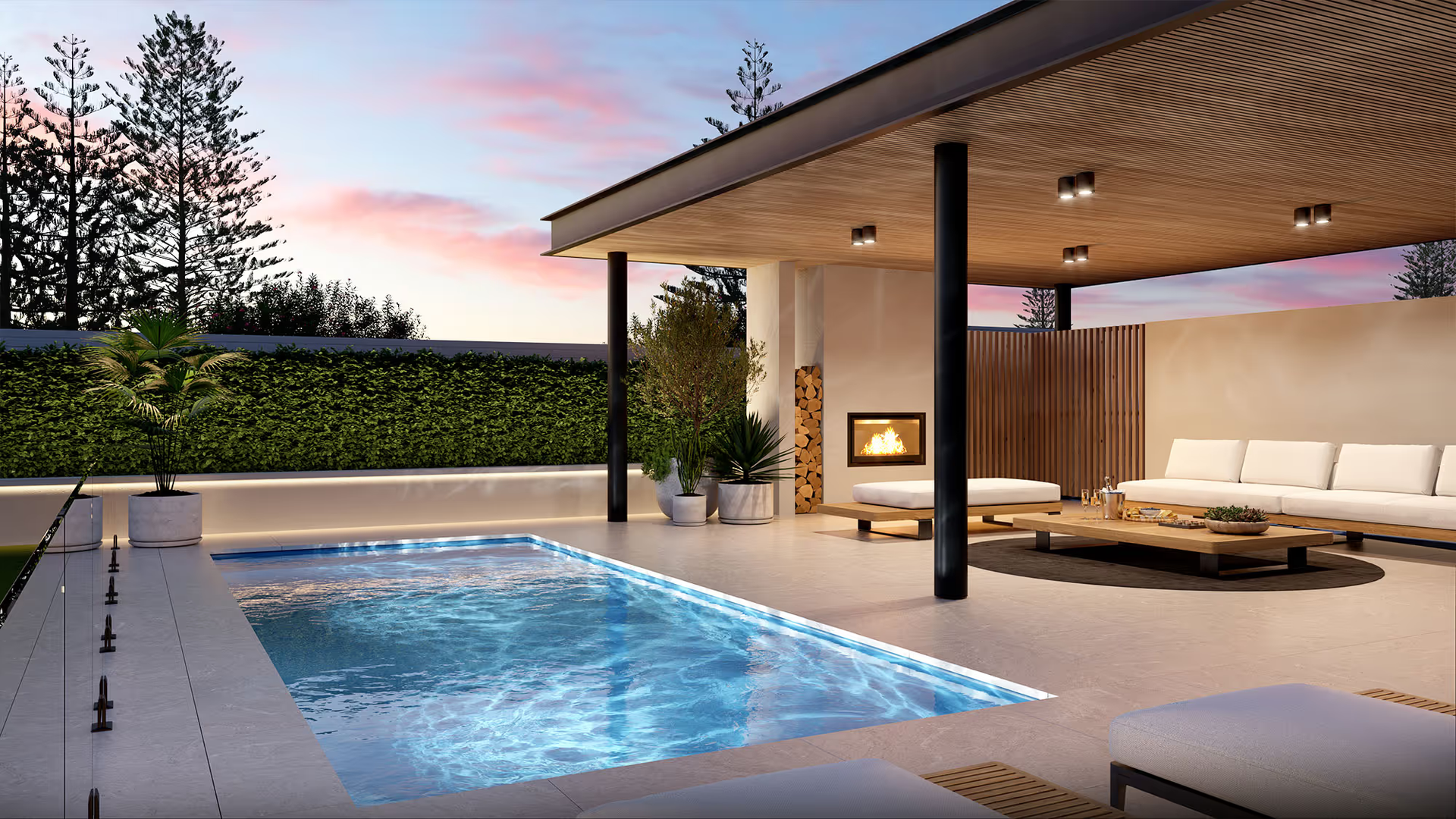 Modern Patio with Lit Swimming Pool — New Vision Pools in Port Macquarie, NSW