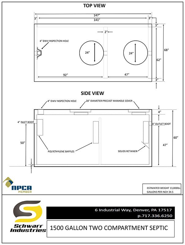 1500 Gallon Dual Compartment Septic