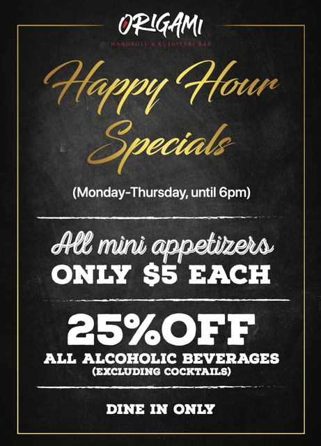 a black and gold origami lunch special menu