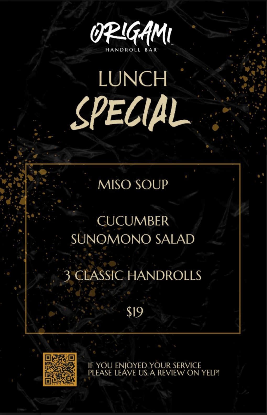 a black and gold origami lunch special menu