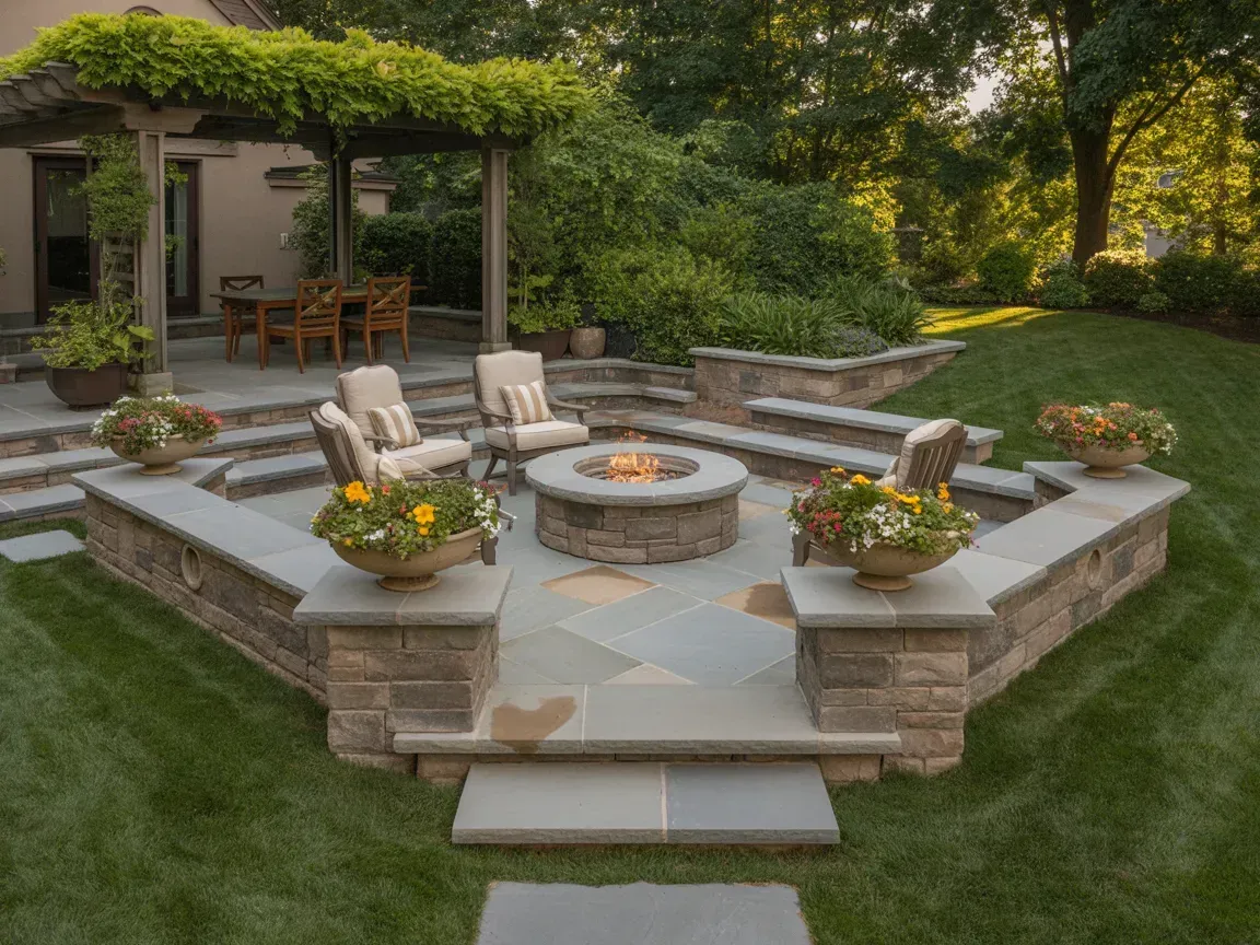 Stone patio with fire pit, seating, and planters, surrounded by grass and trees.