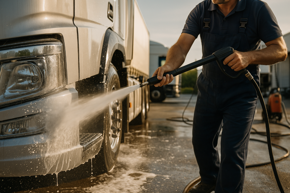 A man is washing a truck with a high pressure washer.