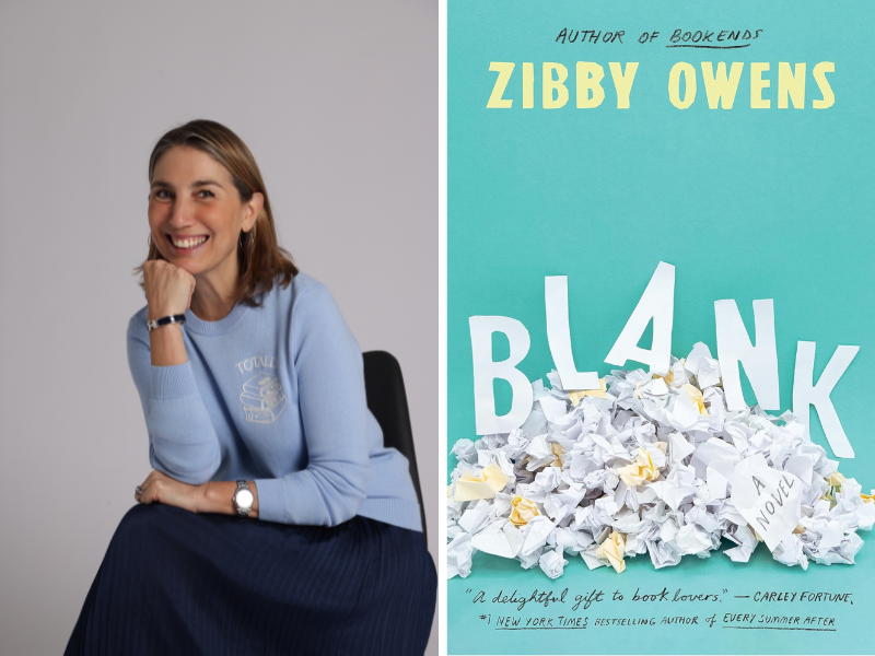Side-by-side image featuring a smiling author seated and resting her chin on her hand on the left, and the book cover for Blank by Zibby Owens on the right. The cover has a teal background with the title spelled out in large white letters partially buried under a pile of crumpled paper, with the author’s name at the top.