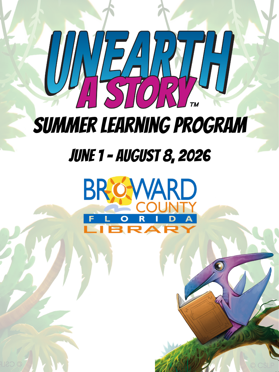 A promotional poster for a summer reading program. Against a light, jungle-themed background with palm fronds, large blue stylized text at the top reads