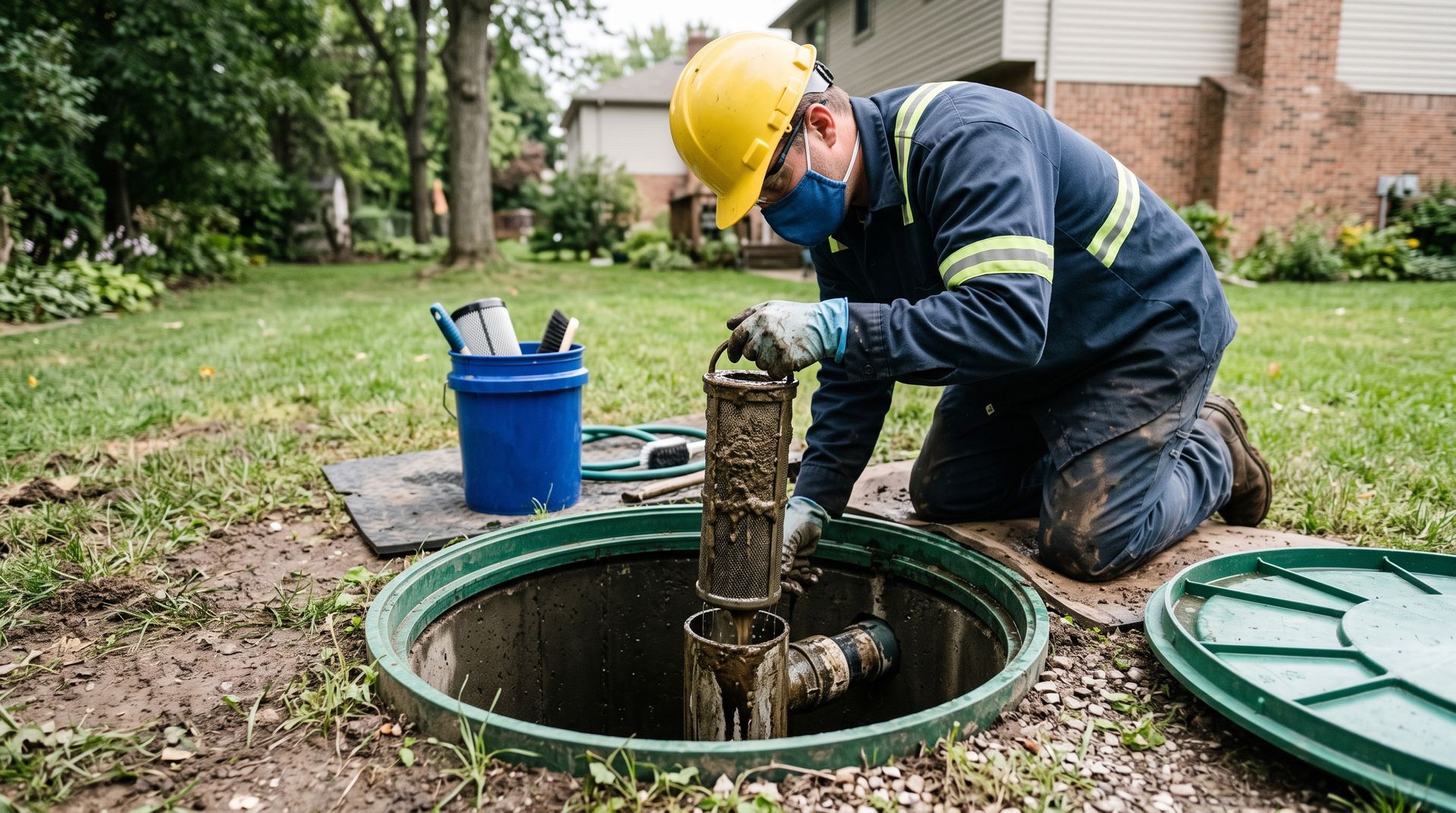 Worker in yellow hard hat kneeling beside an open utility hole, inspecting equipment in a yard Worker in yellow hard hat kneeling beside an open utility hole, inspecting equipment in a yard